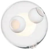 Bocci pendant light, opaque white glass, three-sphere cluster within a silver metal circular frame, warm diffused glow.